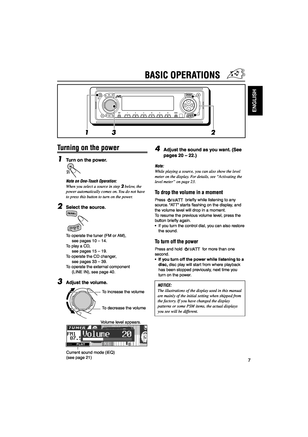 JVC KD-LH1100 manual Basic Operations, Turning on the power, English, To drop the volume in a moment, To turn off the power 
