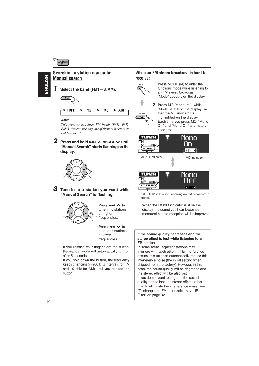 JVC KD-LH2000 Searching a station manually Manual search, When an FM stereo broadcast is hard to receive 