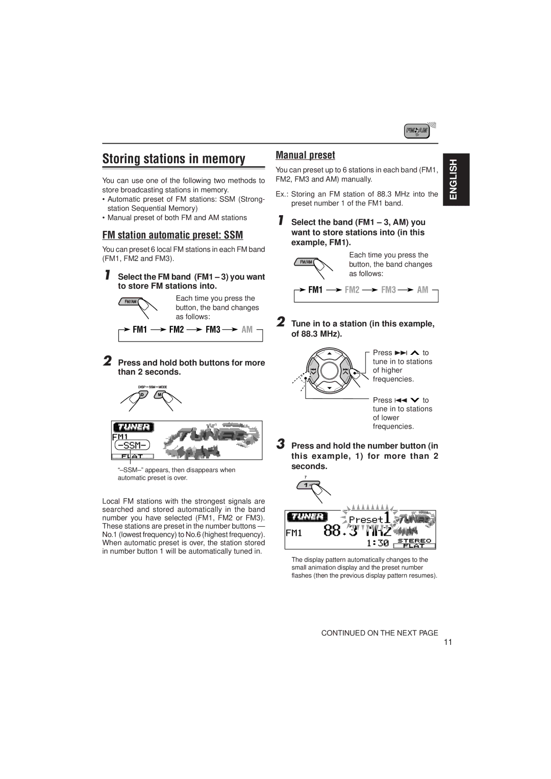 JVC KD-LH2000 manual FM station automatic preset SSM, Manual preset, FM1 FM2 FM3 AM 