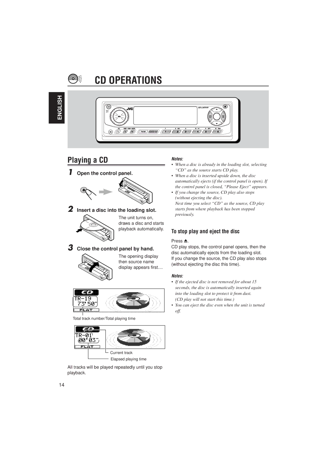 JVC KD-LH2000 manual CD Operations, Playing a CD, To stop play and eject the disc, Close the control panel by hand 