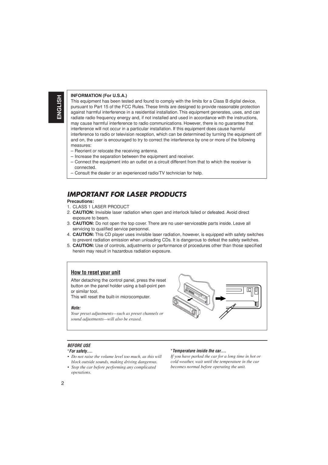 JVC KD-LH2000 manual How to reset your unit, Information For U.S.A, Precautions 