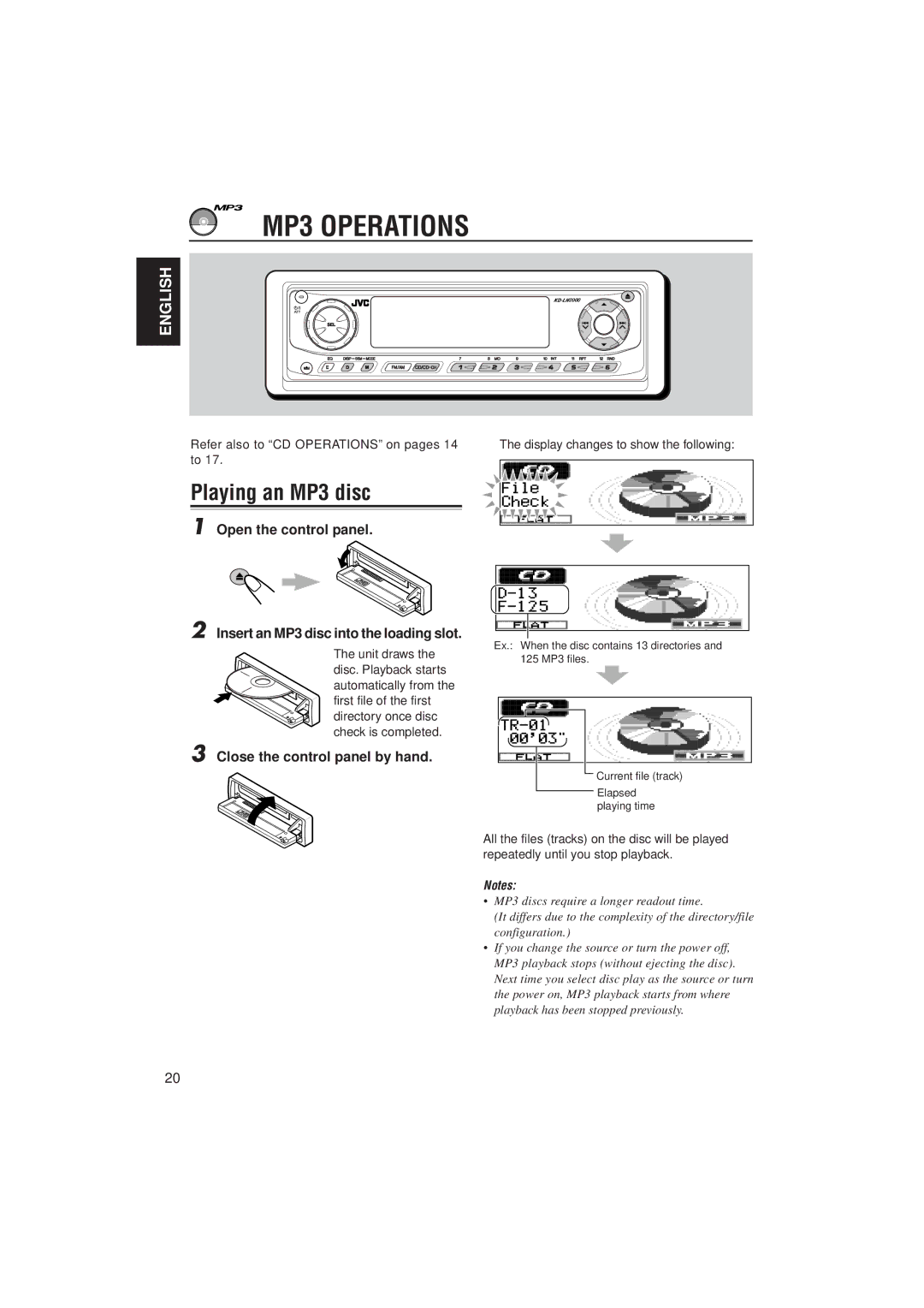 JVC KD-LH2000 manual MP3 Operations, Playing an MP3 disc 