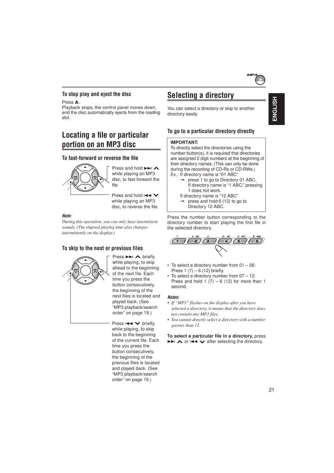 JVC KD-LH2000 manual Selecting a directory, To fast-forward or reverse the file, To go to a particular directory directly 