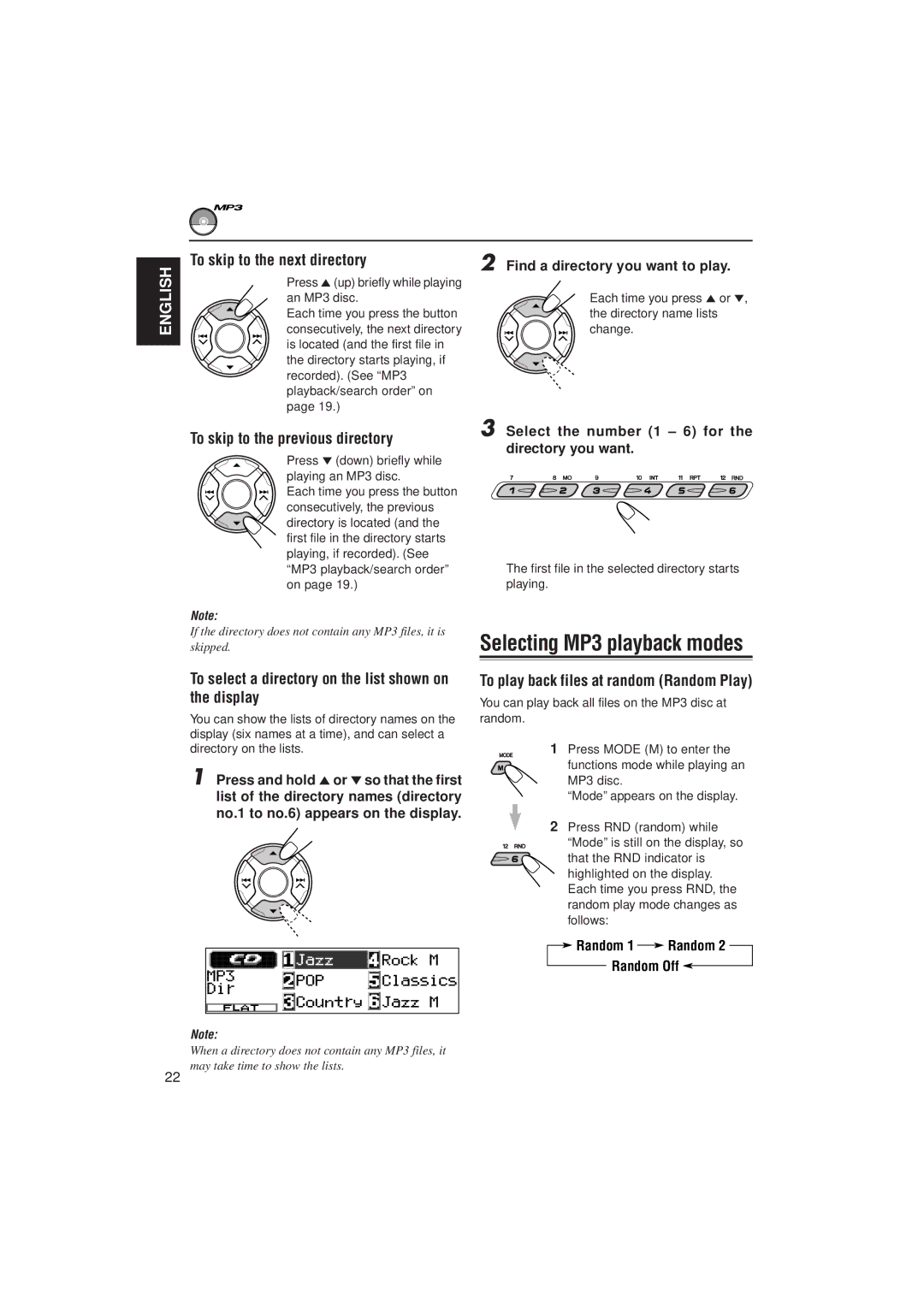 JVC KD-LH2000 manual Selecting MP3 playback modes, To skip to the next directory, To skip to the previous directory 