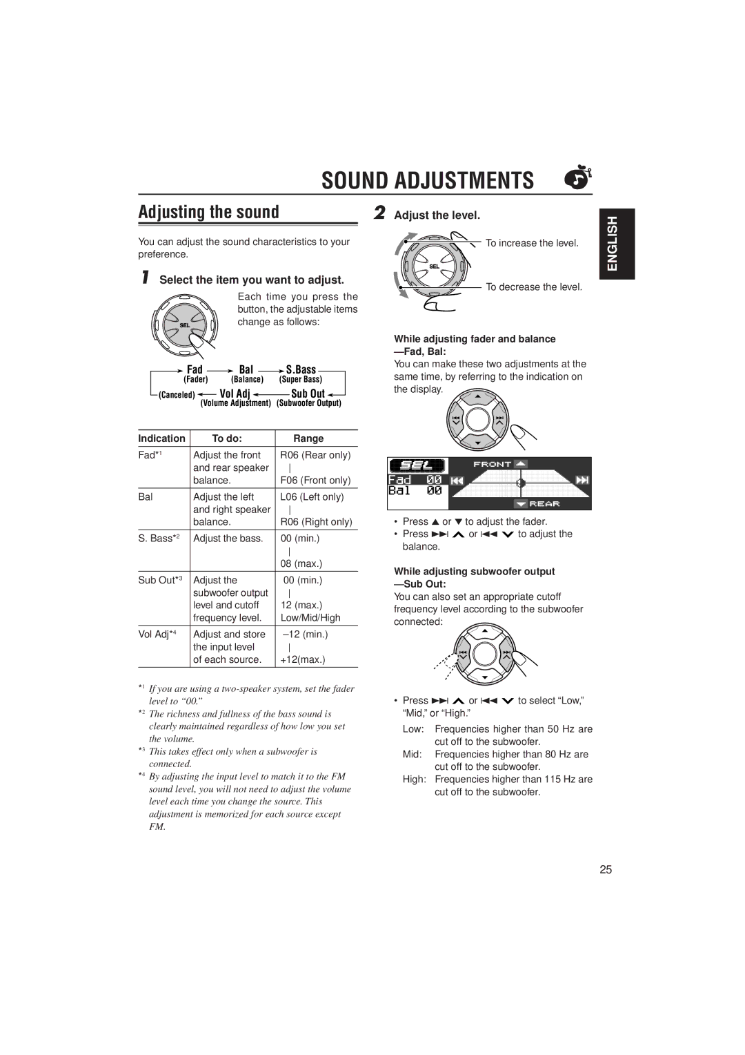 JVC KD-LH2000 manual Sound Adjustments, Adjusting the sound, Adjust the level, Select the item you want to adjust 