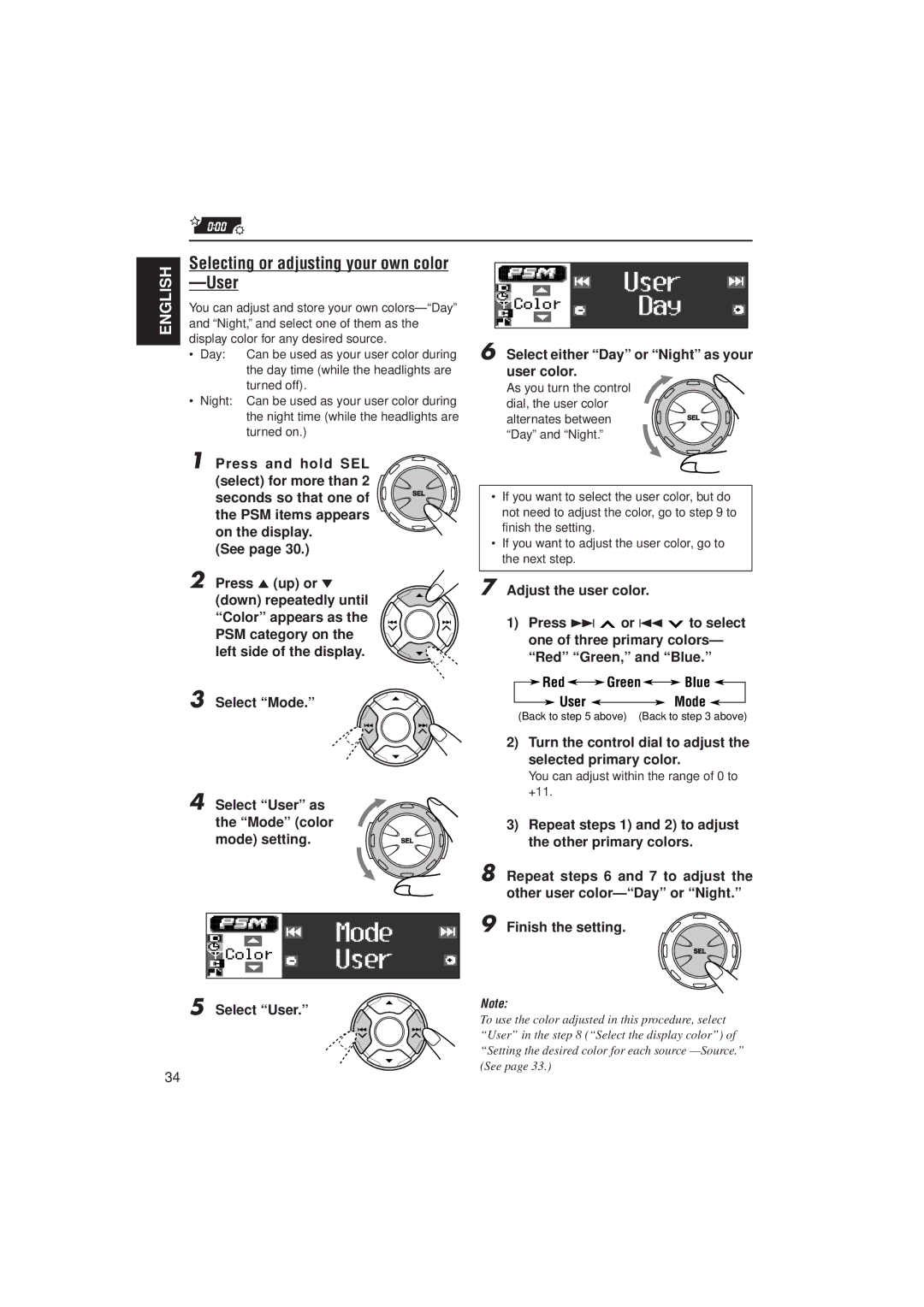 JVC KD-LH2000 Selecting or adjusting your own color -User, Turn the control dial to adjust the selected primary color 