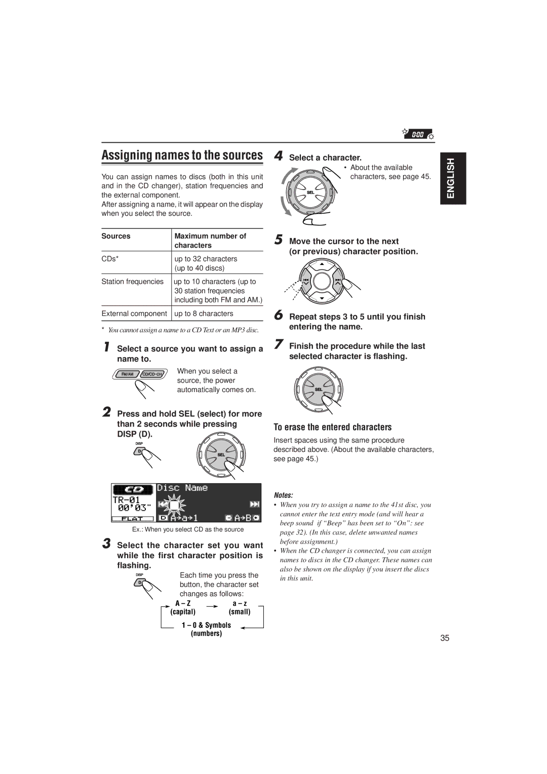 JVC KD-LH2000 manual To erase the entered characters, Select a source you want to assign a name to, Select a character 