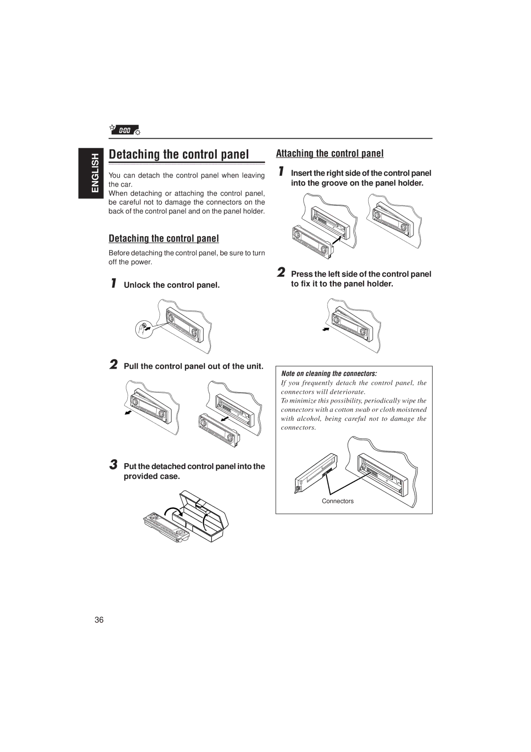 JVC KD-LH2000 manual Detaching the control panel, Attaching the control panel, Unlock the control panel 