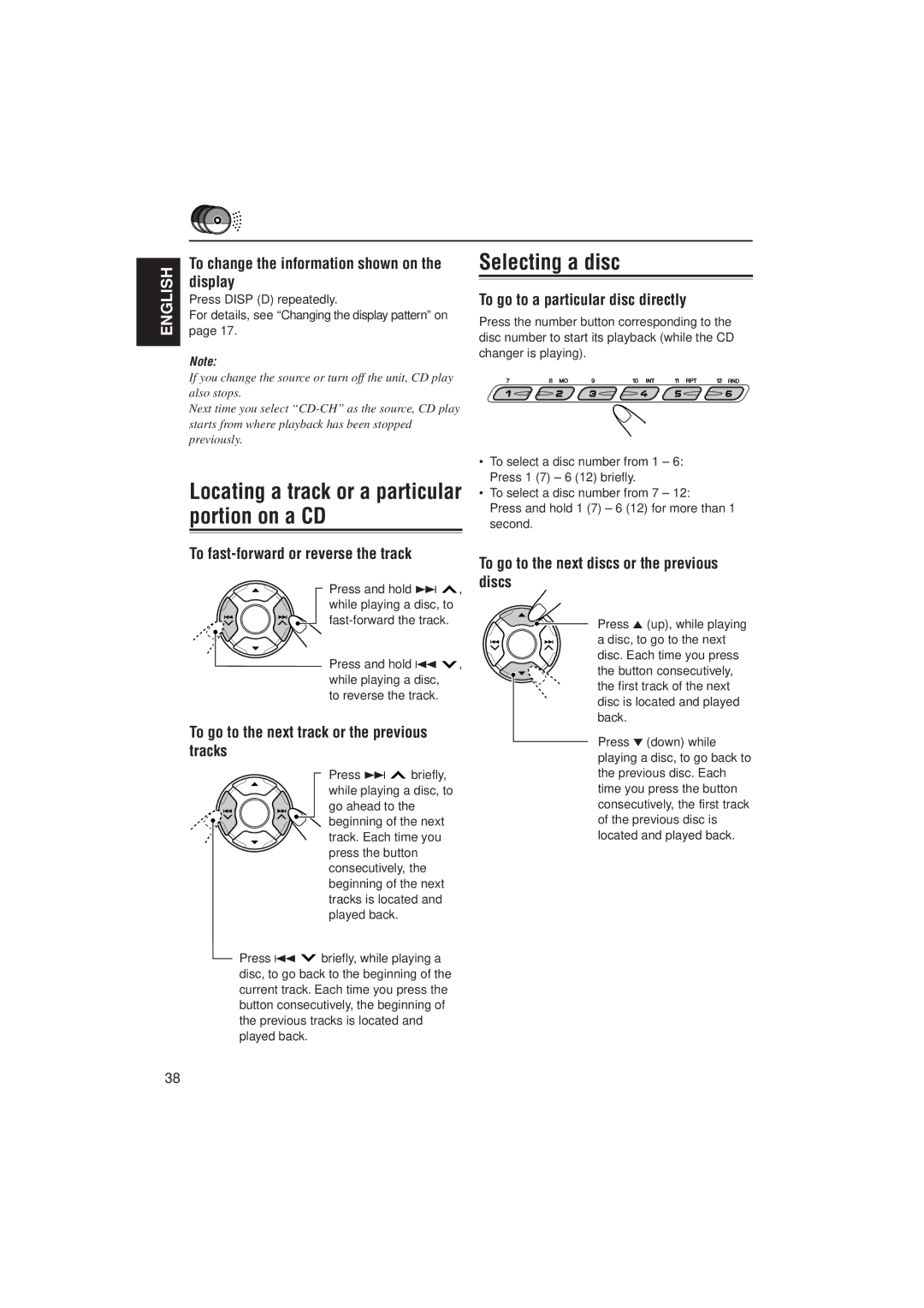 JVC KD-LH2000 manual Selecting a disc, To change the information shown on the display, To go to a particular disc directly 