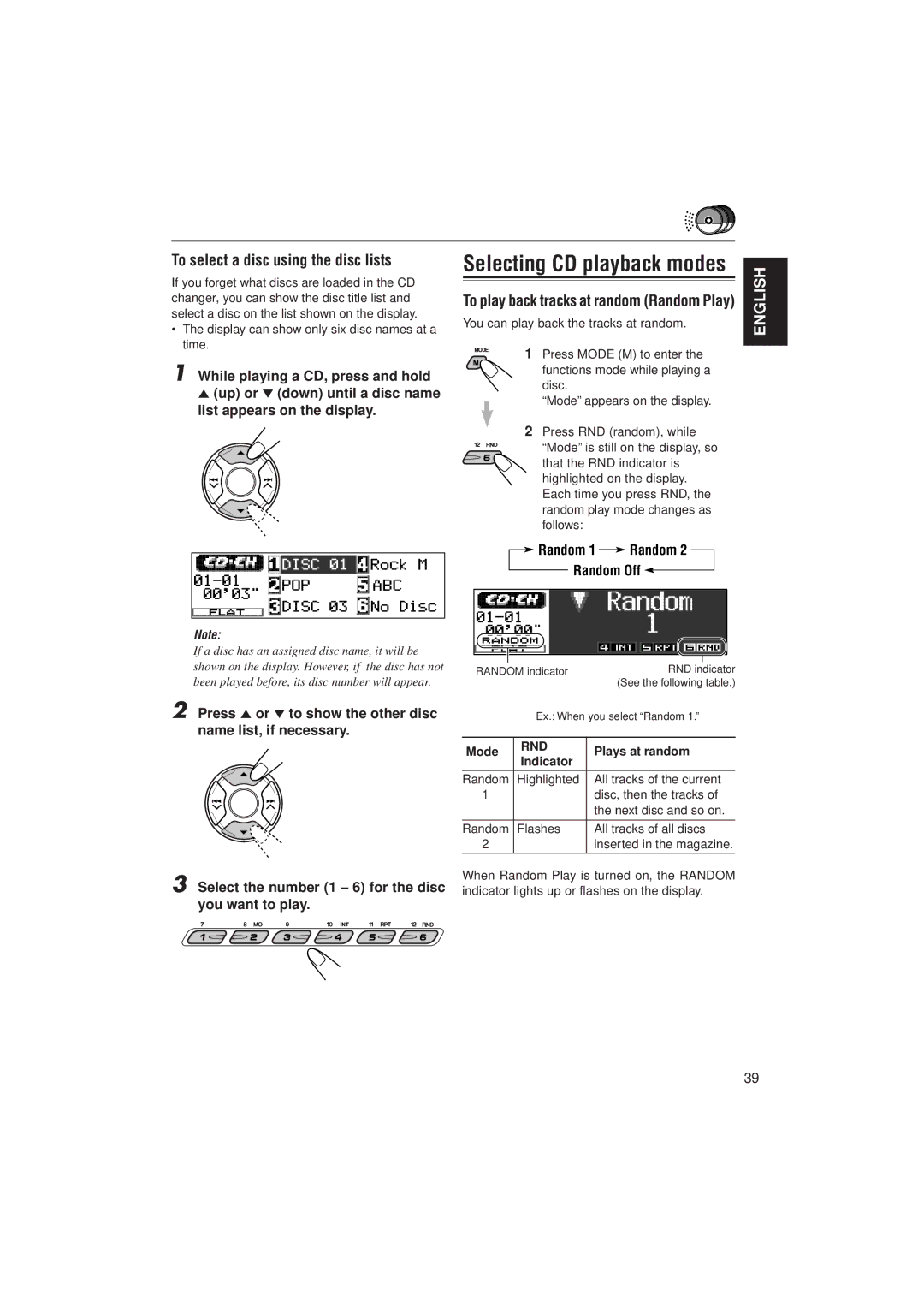 JVC KD-LH2000 manual Selecting CD playback modes, To select a disc using the disc lists 