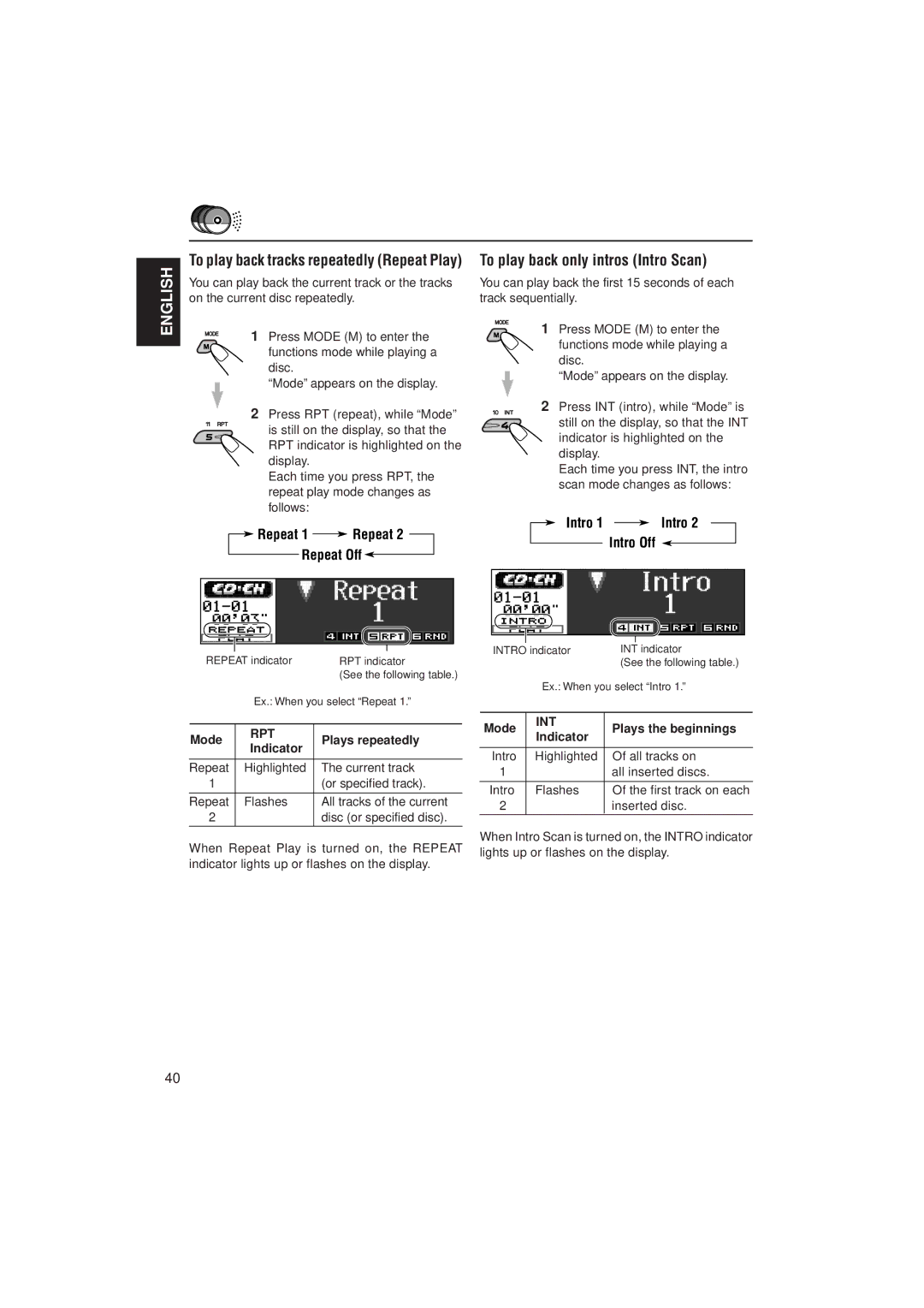 JVC KD-LH2000 manual Repeat 1 Repeat Repeat Off, On the current disc repeatedly, Inserted disc 