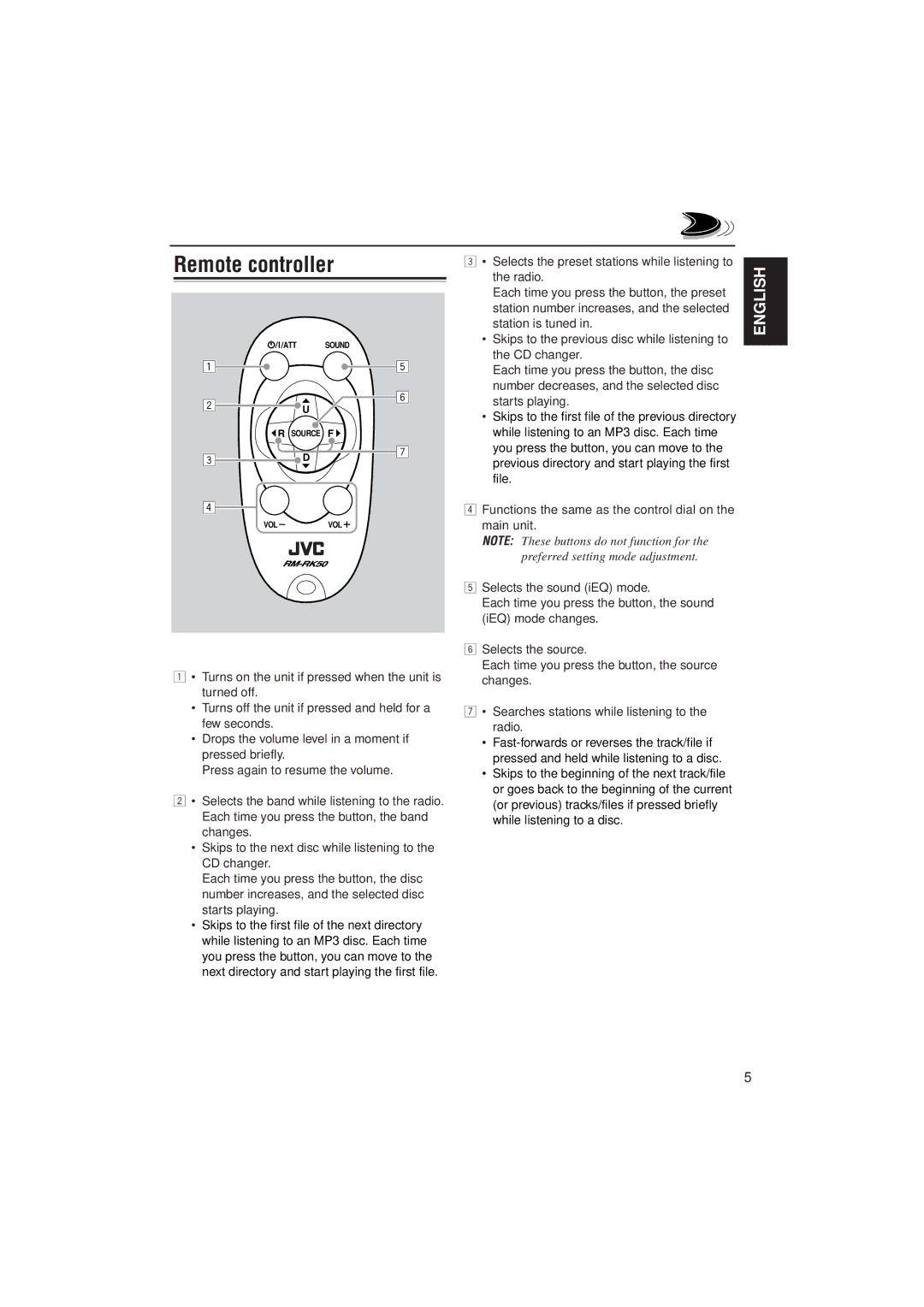 JVC KD-LH2000 manual Remote controller 