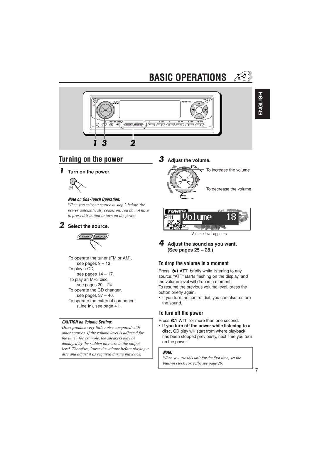 JVC KD-LH2000 manual Basic Operations, Turning on the power, To drop the volume in a moment, To turn off the power 