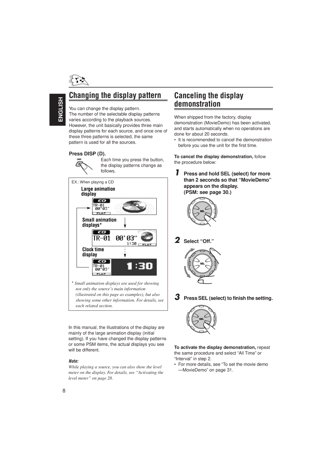 JVC KD-LH2000 manual Changing the display pattern, Press Disp D, PSM see Select Off Press SEL select to finish the setting 