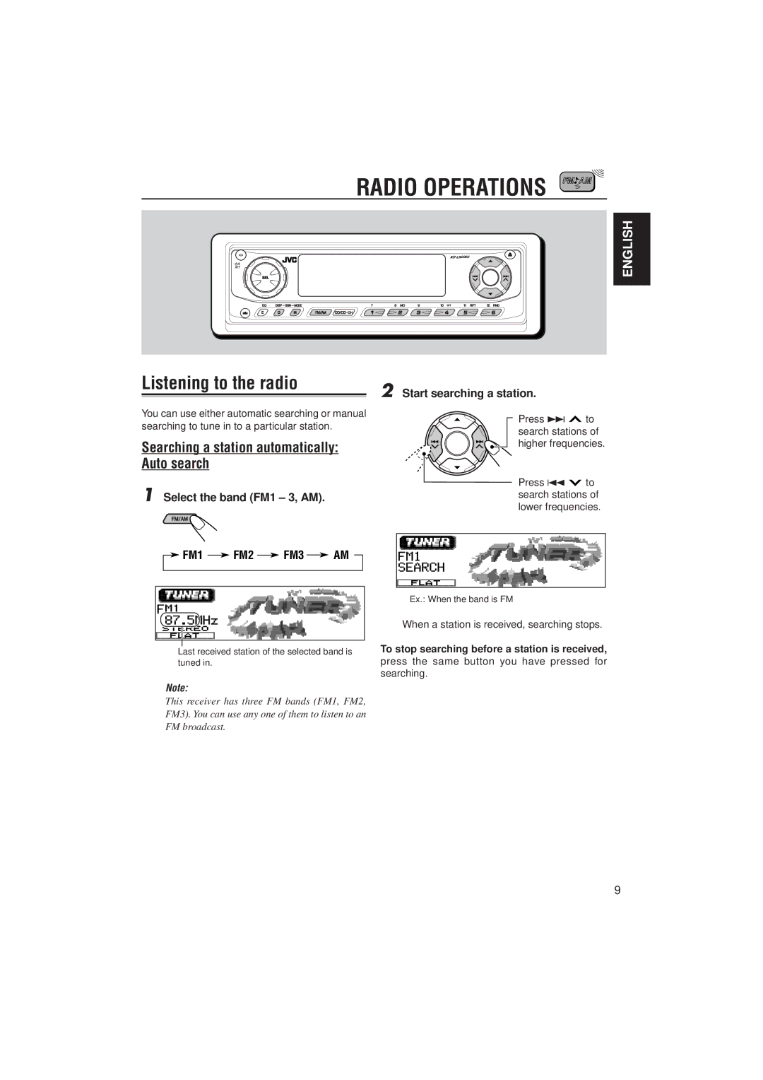 JVC KD-LH2000 manual Radio Operations, Listening to the radio, Searching a station automatically Auto search 