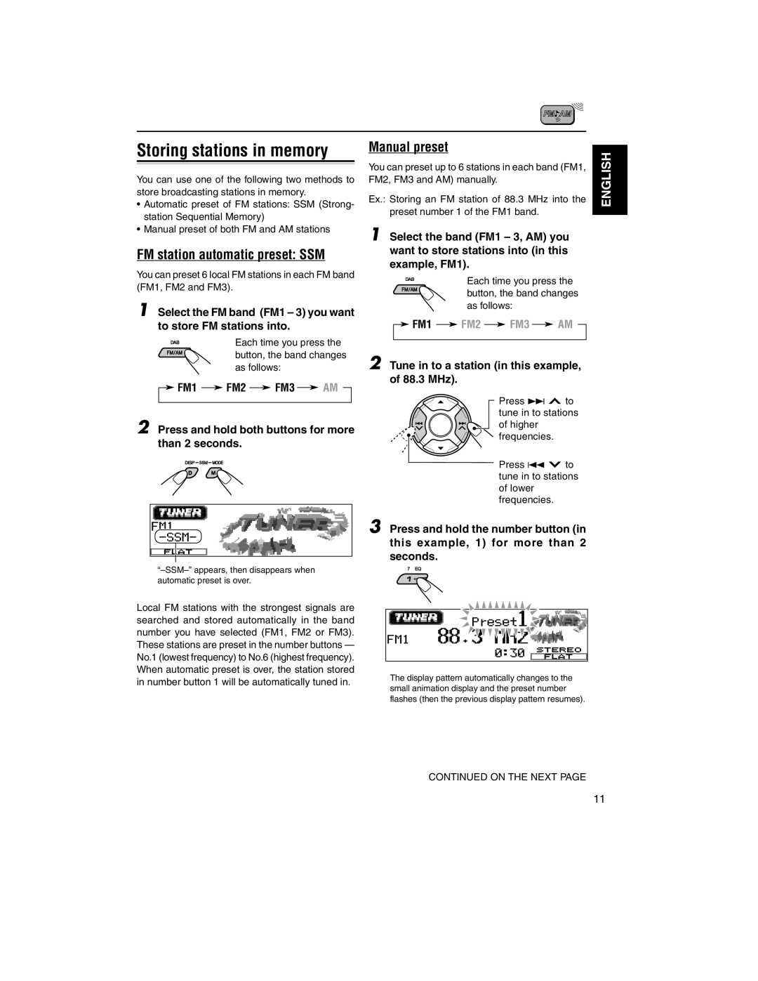 JVC KD-LH2000R manual Storing stations in memory, FM station automatic preset SSM, Manual preset 