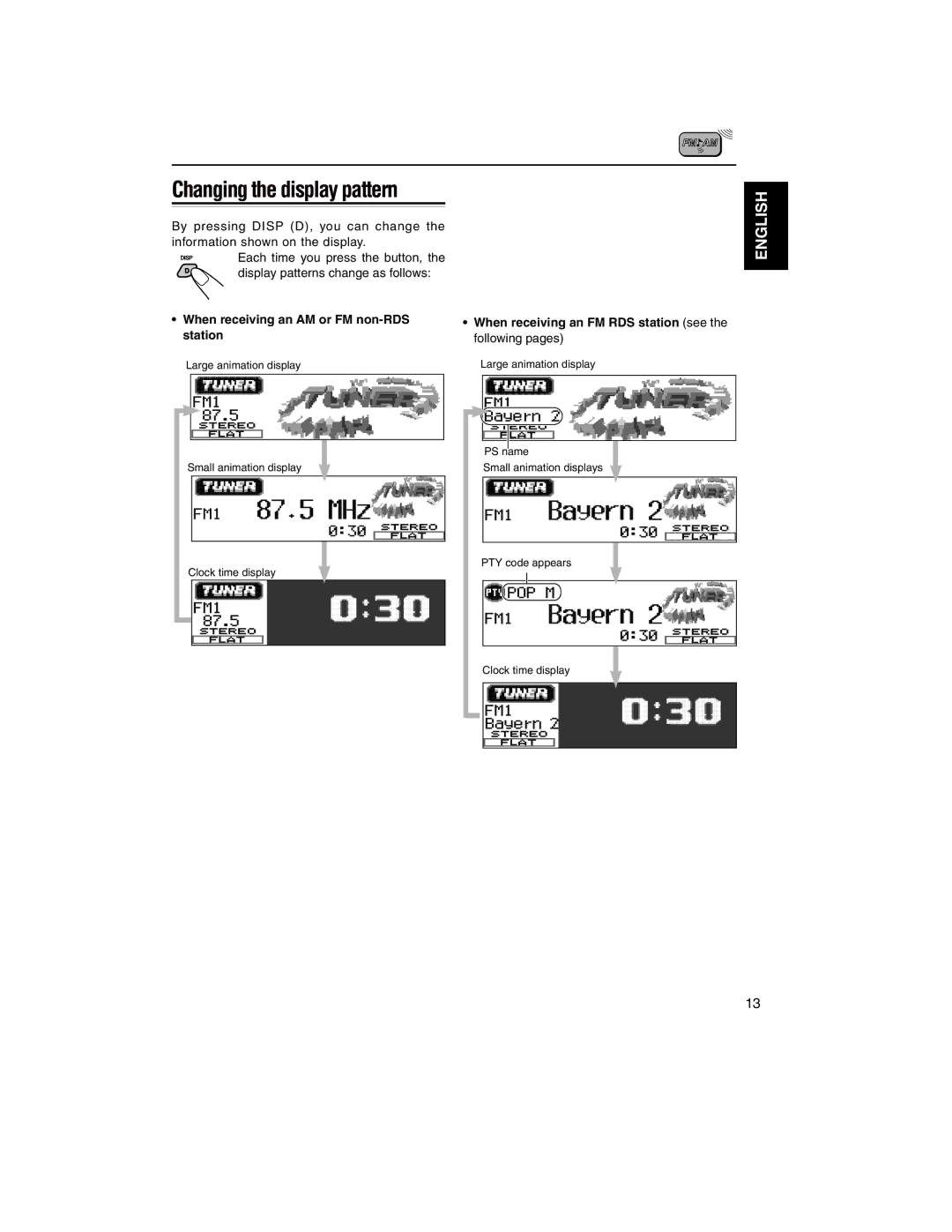 JVC KD-LH2000R manual Changing the display pattern, When receiving an AM or FM non-RDS station 