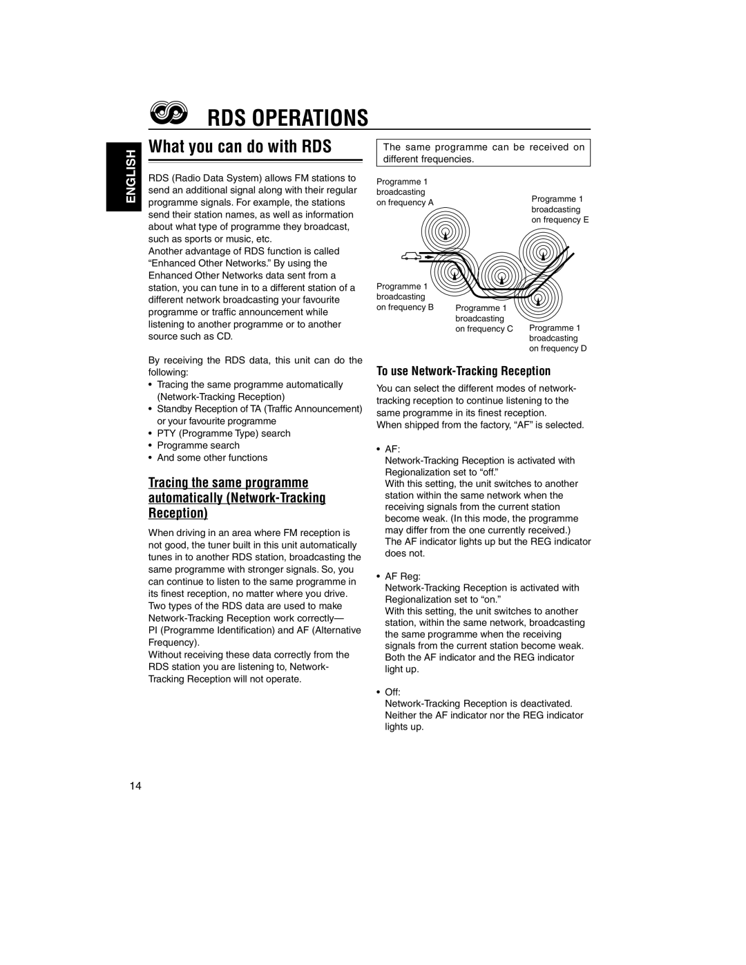 JVC KD-LH2000R manual RDS Operations, What you can do with RDS, To use Network-Tracking Reception 