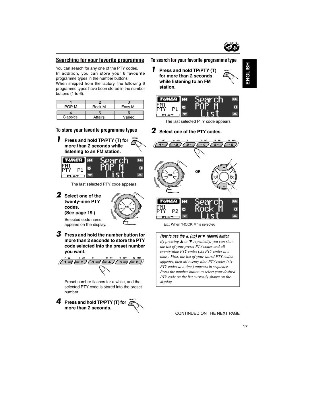 JVC KD-LH2000R manual Searching for your favorite programme, Select one of the twenty-nine PTY codes See 