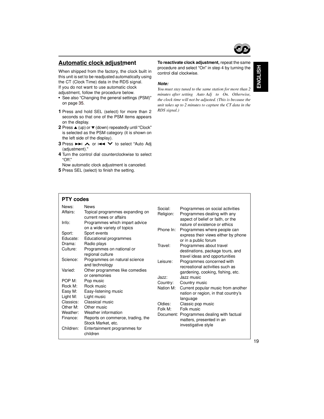 JVC KD-LH2000R manual Automatic clock adjustment, PTY codes 