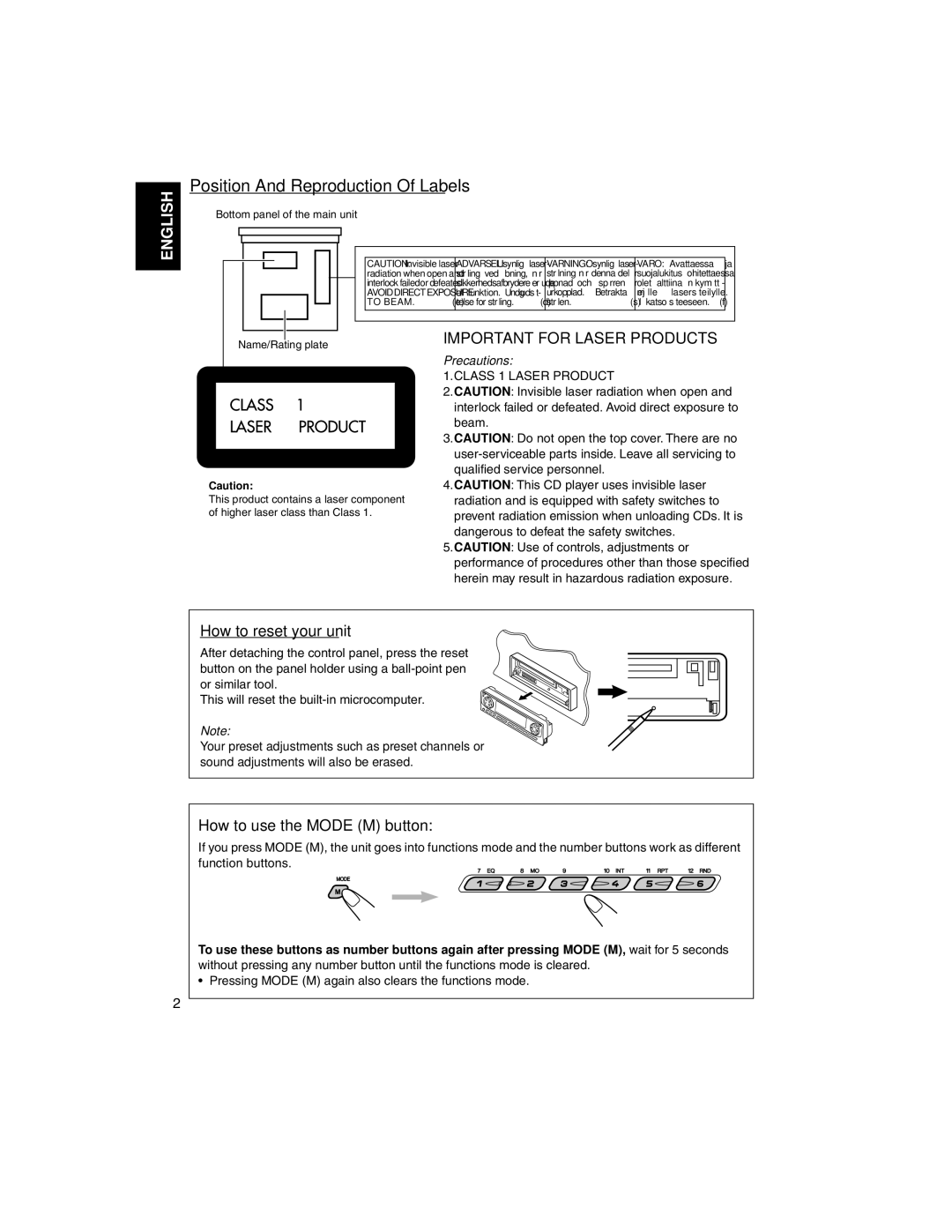 JVC KD-LH2000R manual Position And Reproduction Of Labels, How to reset your unit, How to use the Mode M button 