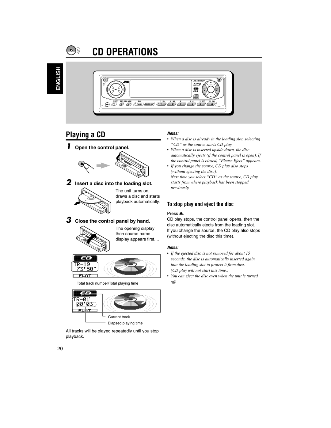 JVC KD-LH2000R manual CD Operations, Playing a CD, To stop play and eject the disc, Close the control panel by hand 