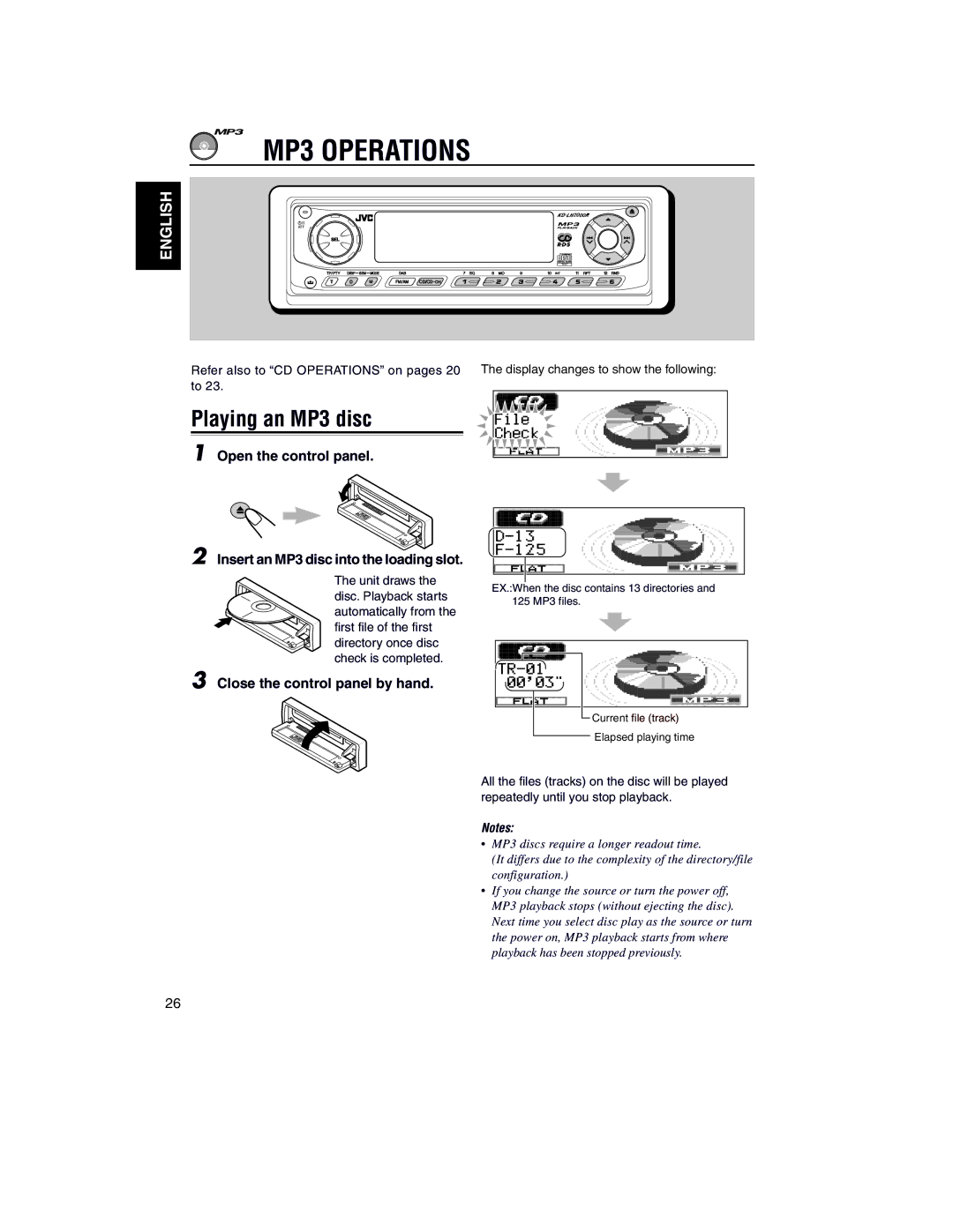 JVC KD-LH2000R manual MP3 Operations, Playing an MP3 disc 