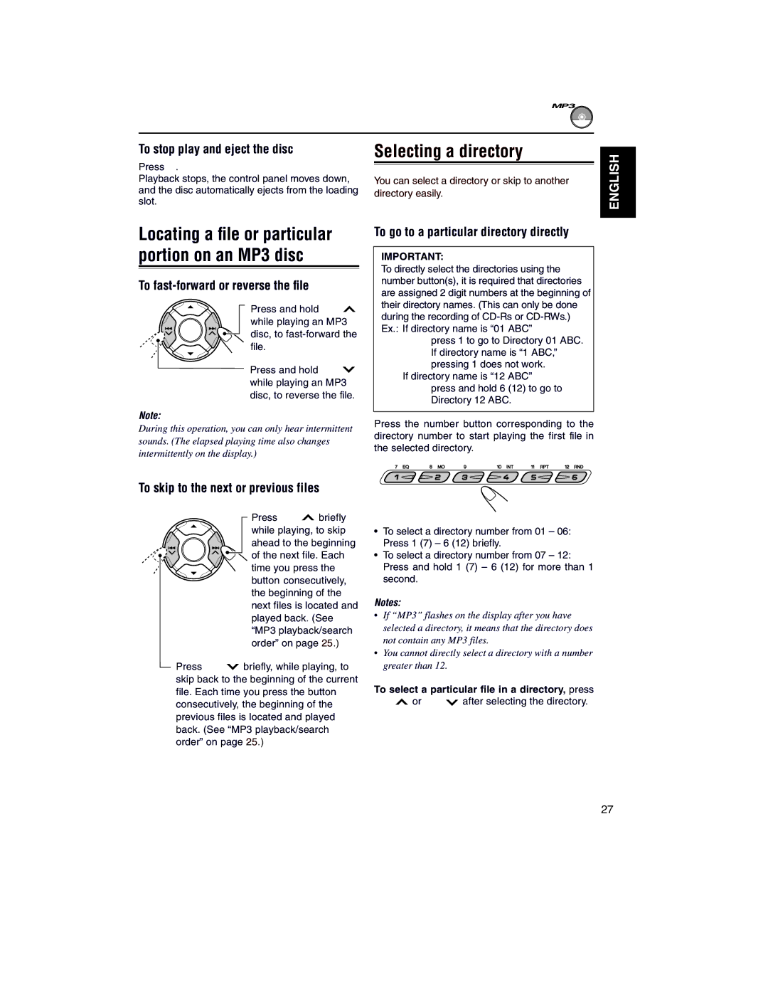 JVC KD-LH2000R manual Selecting a directory, To fast-forward or reverse the file, To go to a particular directory directly 