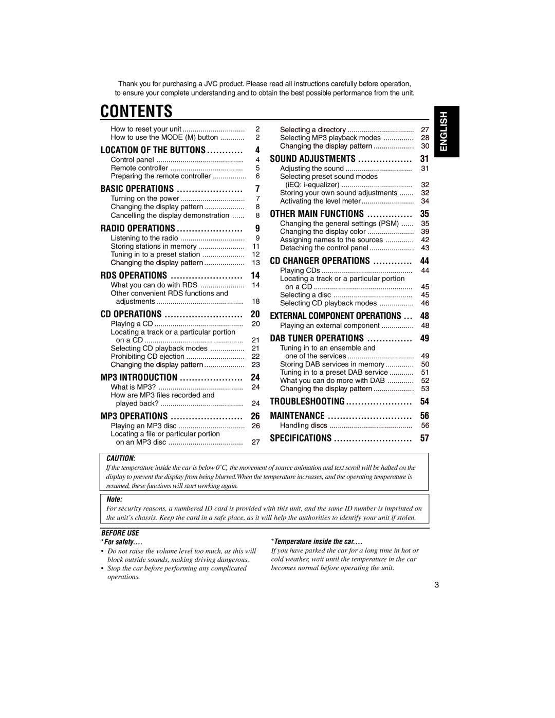 JVC KD-LH2000R manual Contents 