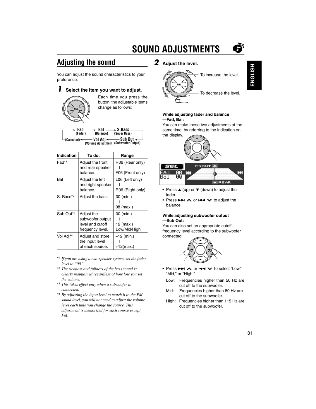 JVC KD-LH2000R manual Sound Adjustments, Adjusting the sound, Adjust the level, Select the item you want to adjust 