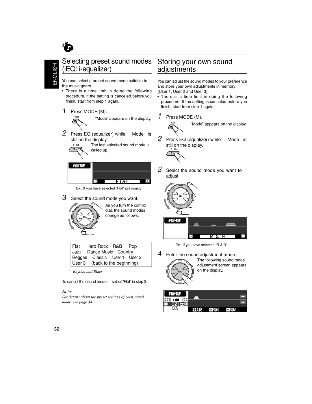 JVC KD-LH2000R manual Storing your own sound adjustments, Selecting preset sound modes iEQ i-equalizer 