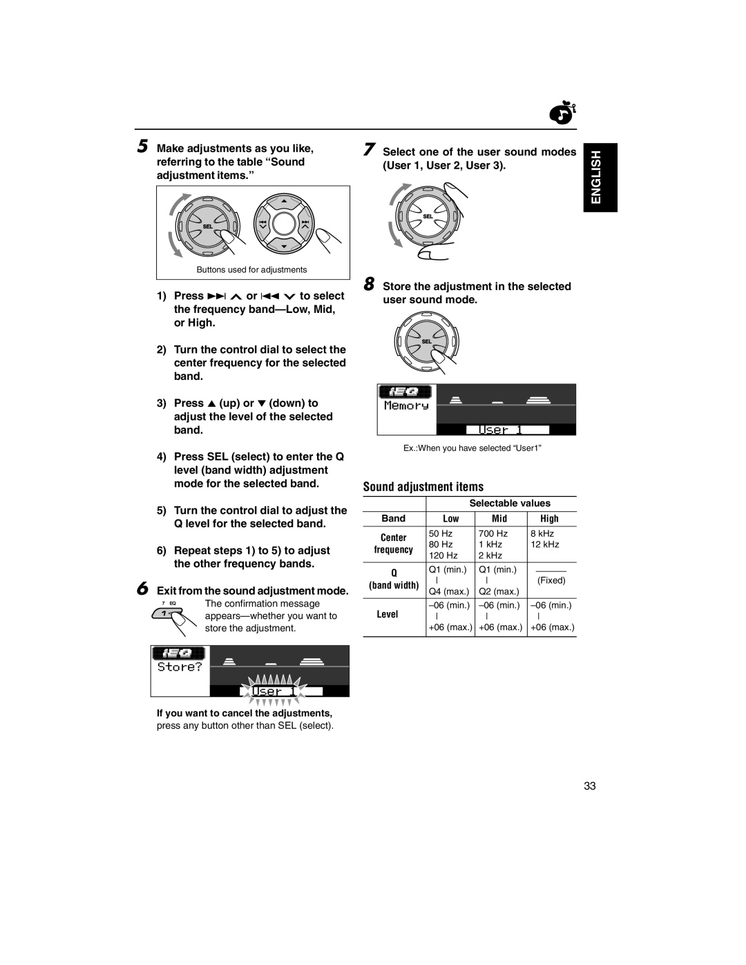 JVC KD-LH2000R manual Sound adjustment items, Store the adjustment in the selected user sound mode 