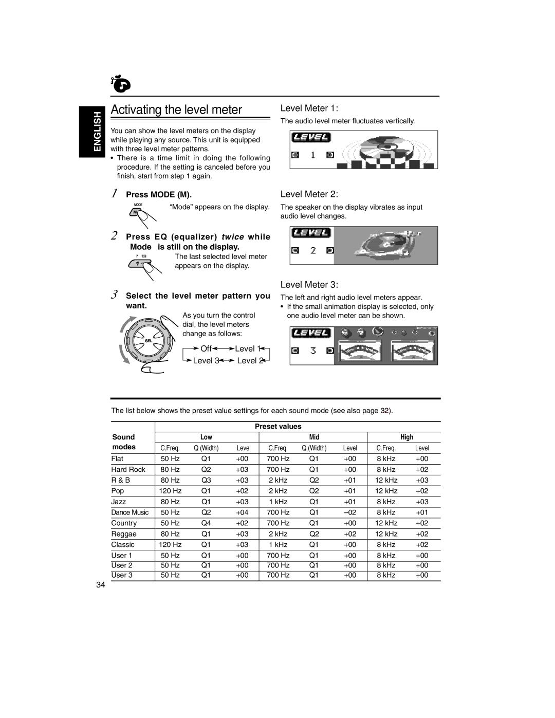 JVC KD-LH2000R manual Activating the level meter, Level Meter, Press EQ equalizer twice while Mode is still on the display 