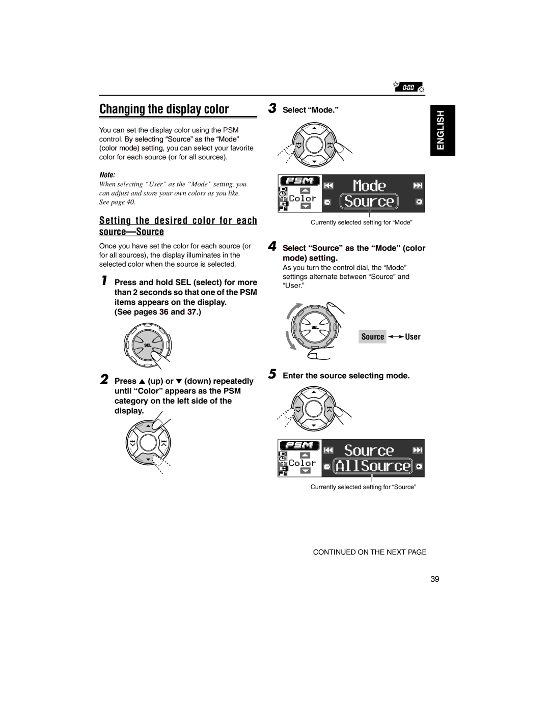 JVC KD-LH2000R manual Changing the display color, Setting the desired color for each source-Source, Select Mode 