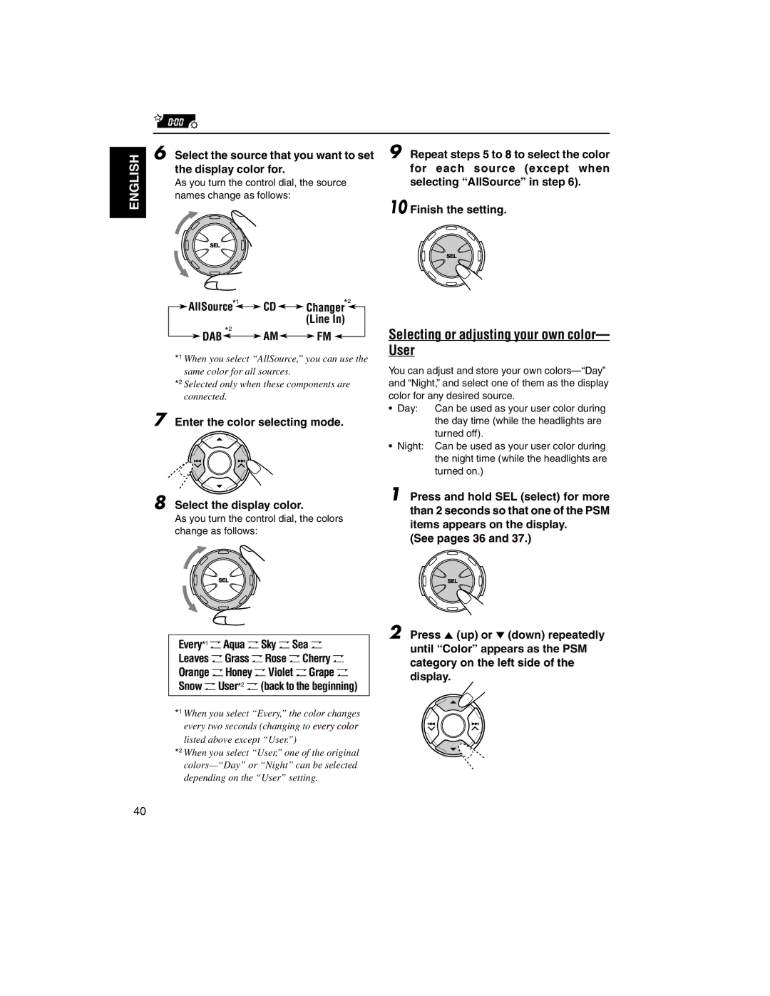 JVC KD-LH2000R Selecting or adjusting your own color- User, Line, Enter the color selecting mode Select the display color 