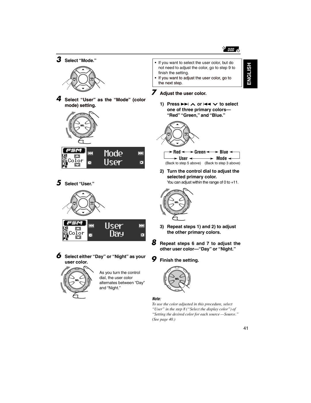 JVC KD-LH2000R manual User Mode, Turn the control dial to adjust the selected primary color, Red Green Blue 