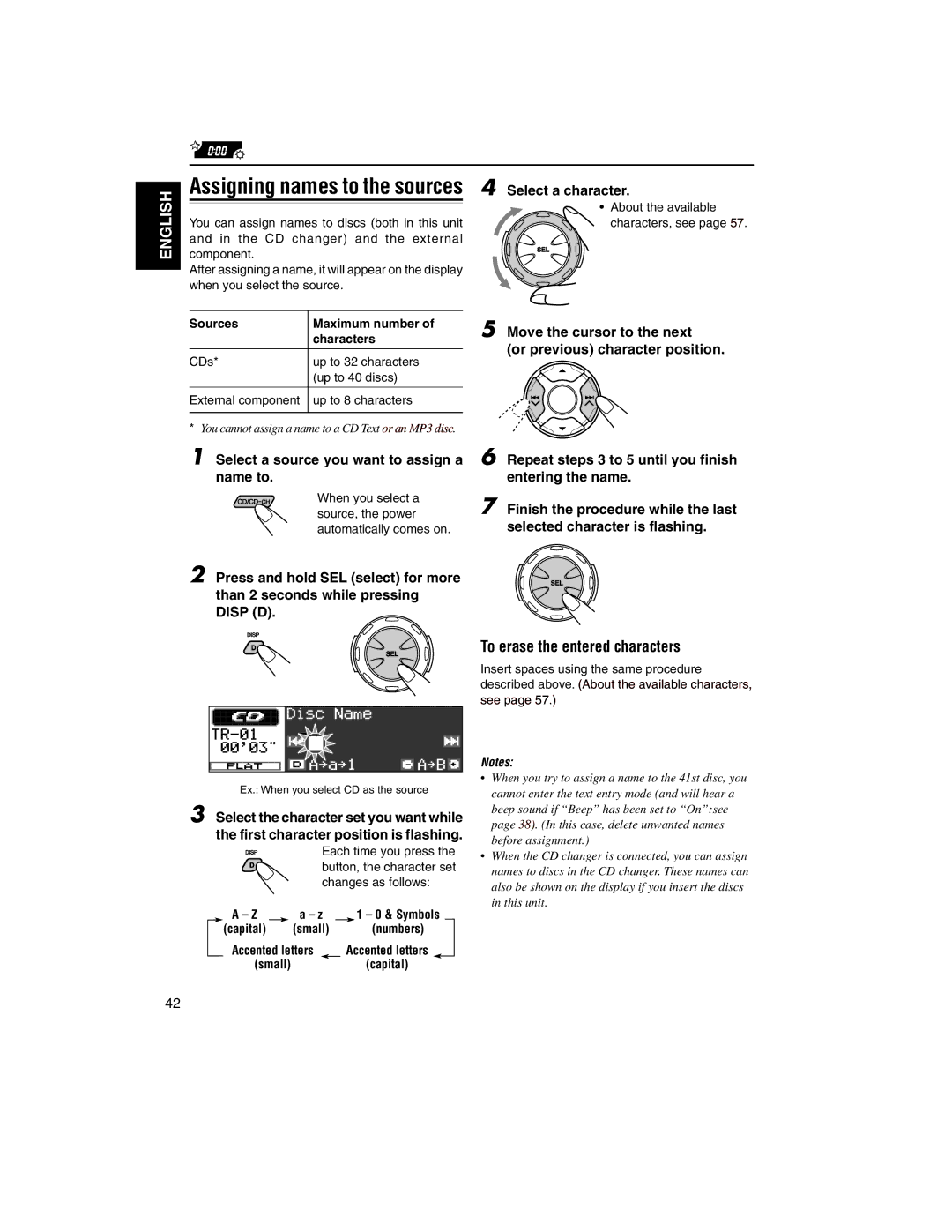 JVC KD-LH2000R manual To erase the entered characters, Select a character, Select a source you want to assign a name to 