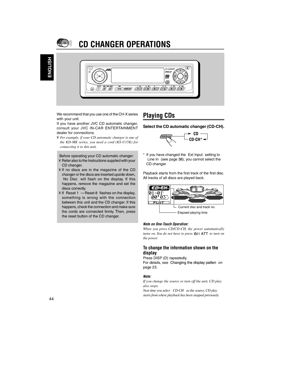 JVC KD-LH2000R manual CD Changer Operations, Playing CDs, To change the information shown on the display 