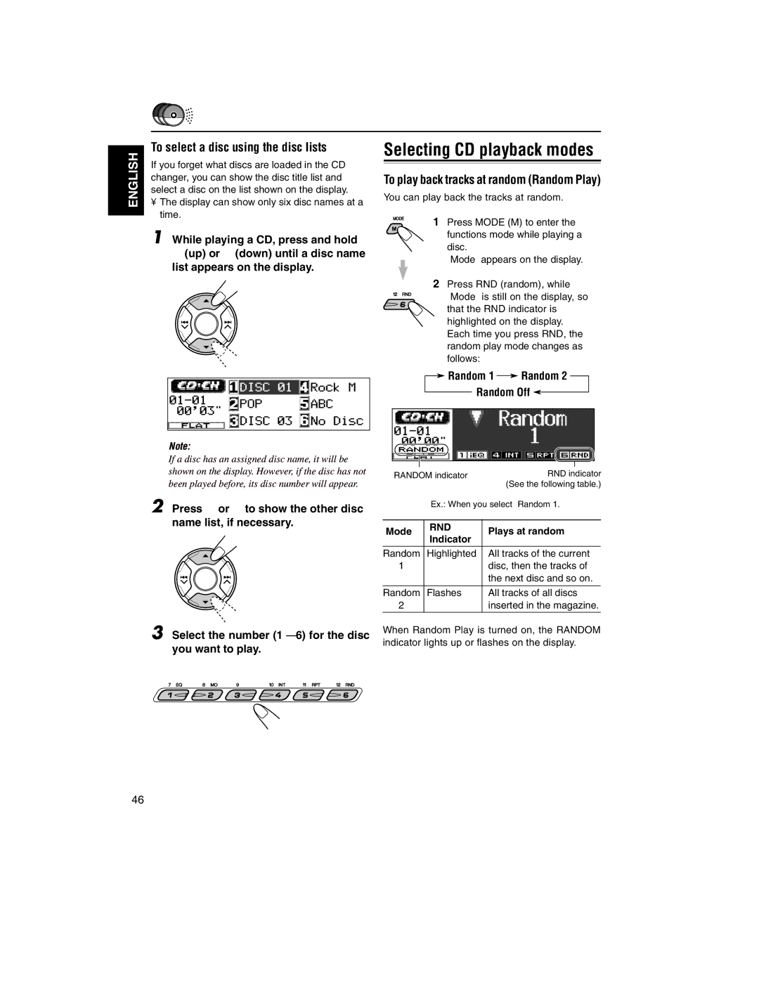 JVC KD-LH2000R manual Selecting CD playback modes, To select a disc using the disc lists, Plays at random 