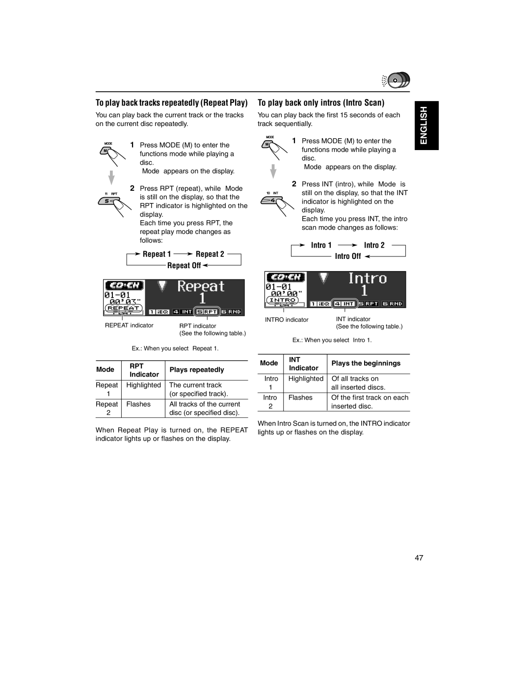 JVC KD-LH2000R manual To play back tracks repeatedly Repeat Play, Plays the beginnings 