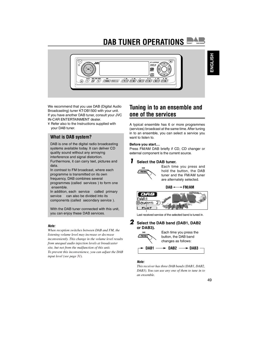 JVC KD-LH2000R Tuning in to an ensemble and one of the services, What is DAB system?, Select the DAB tuner, DAB1 DAB2 DAB3 