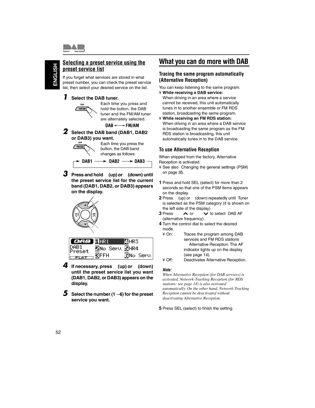 JVC KD-LH2000R manual Selecting a preset service using the preset service list, To use Alternative Reception 