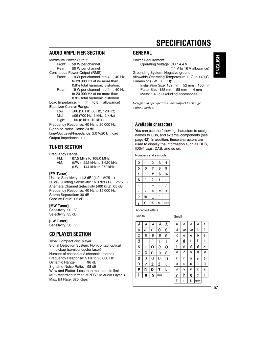 JVC KD-LH2000R manual Specifications, Available characters, FM Tuner, MW Tuner, LW Tuner 