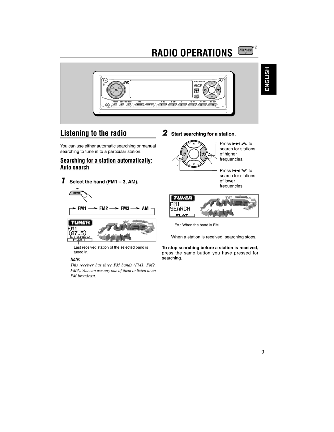 JVC KD-LH2000R manual Radio Operations, Listening to the radio, Searching for a station automatically Auto search 