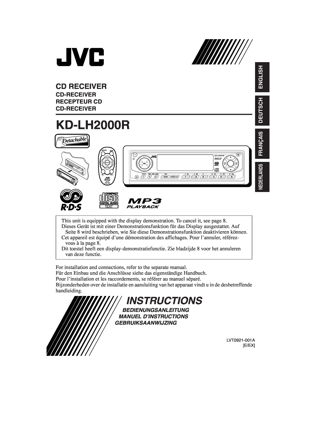 JVC KD-LH2000R manual Cd Receiver, Cd-Receiver Recepteur Cd Cd-Receiver, English Deutsch, Gebruiksaanwijzing, Instructions 