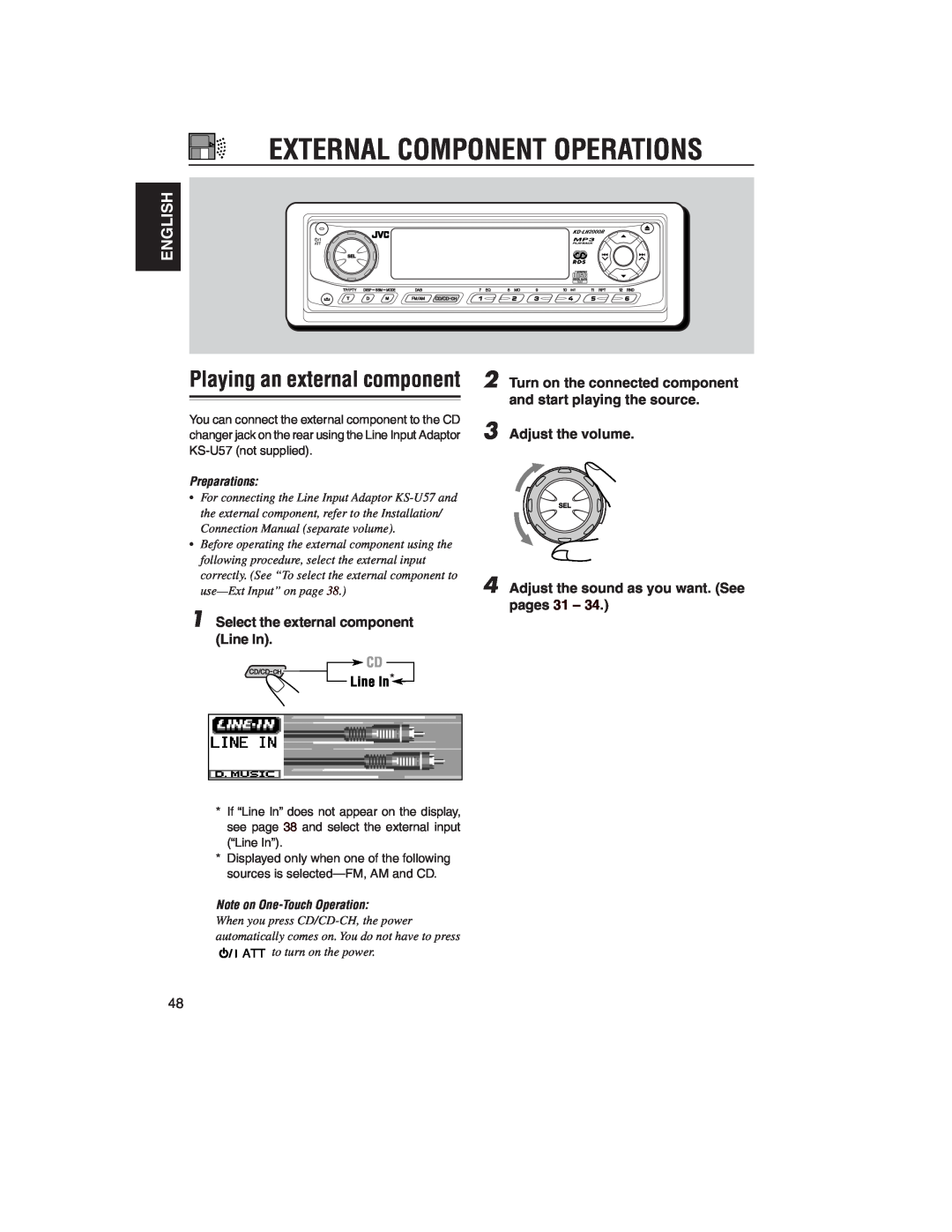 JVC KD-LH2000R manual Playing an external component, External Component Operations, English, Line In, Adjust the volume 