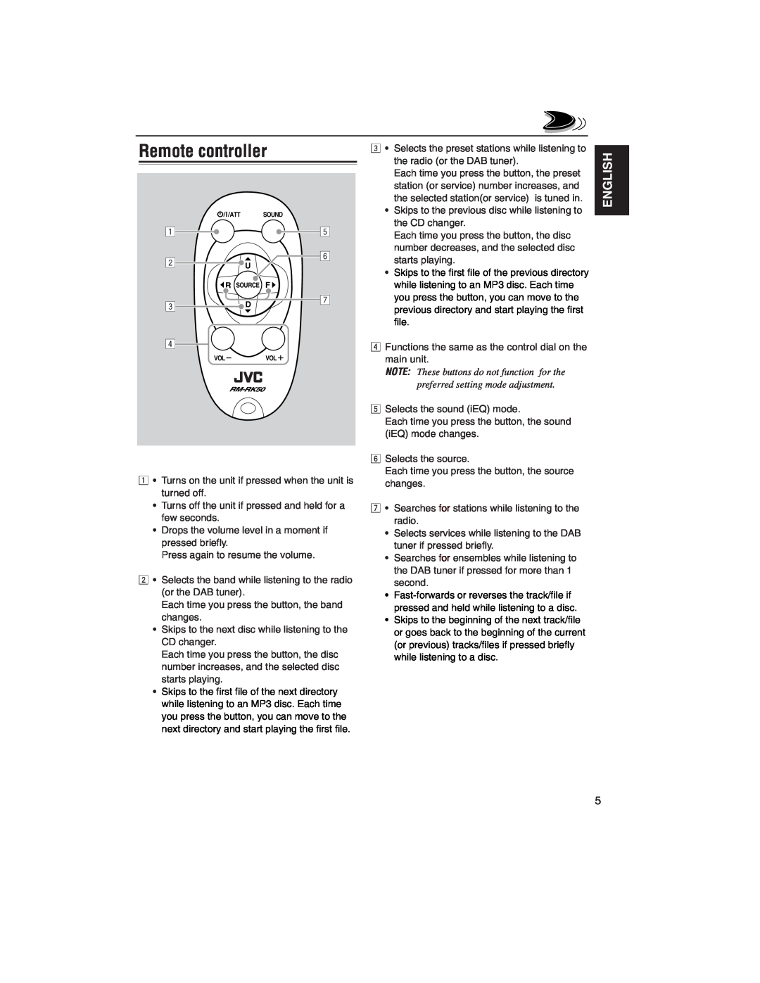 JVC KD-LH2000R manual Remote controller, English 