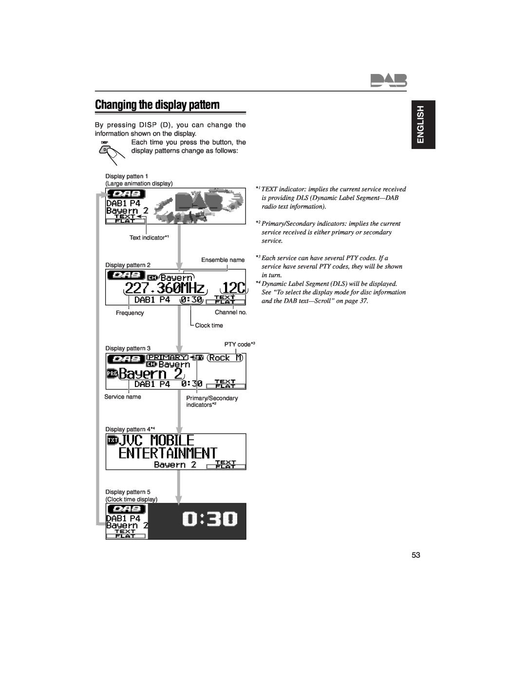 JVC KD-LH2000R manual Changing the display pattern, English, radio text information, service, in turn 