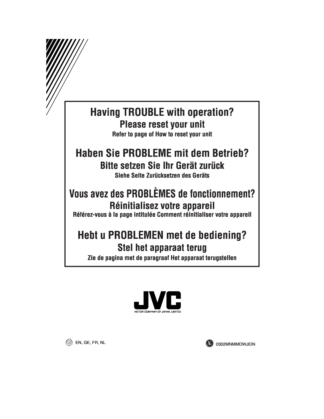 JVC KD-LH2000R manual Please reset your unit, Bitte setzen Sie Ihr Gerät zurück, Réinitialisez votre appareil 