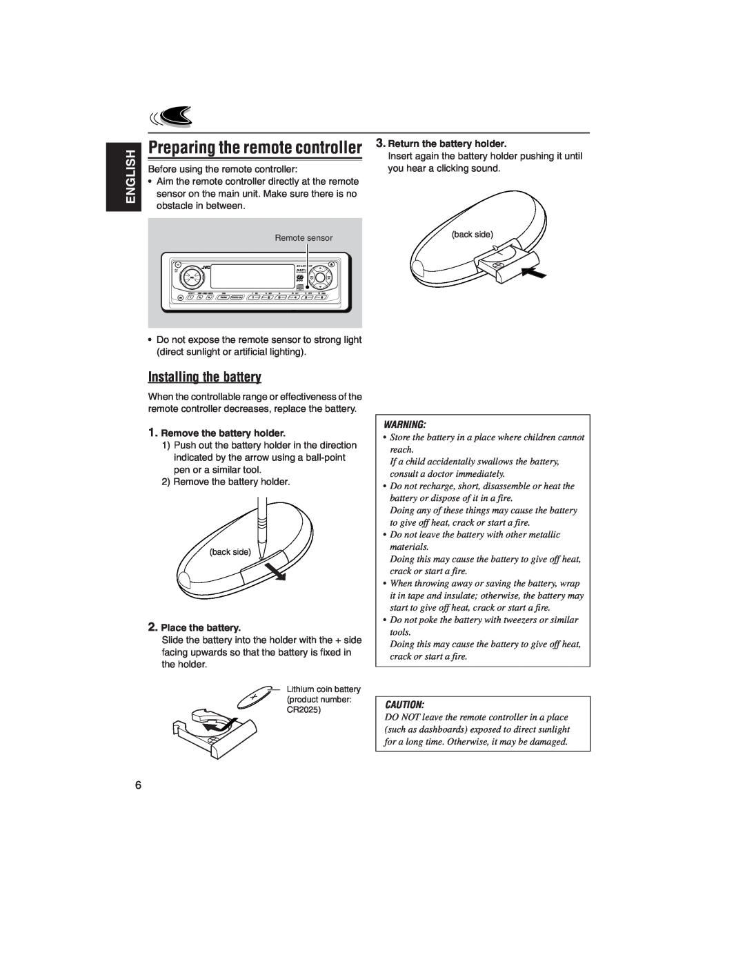 JVC KD-LH2000R manual Preparing the remote controller, Installing the battery, English, Remove the battery holder 